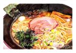  artist_name colored_pencil_(medium) food food_request meat mojacookie no_humans noodles original plate traditional_media vegetable white_background 