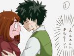  1boy 1girl ailihakeya alternate_costume black_hair blush blush_stickers boku_no_hero_academia brown_eyes brown_hair closed_eyes comic freckles full-face_blush hetero highres hood hood_down imminent_kiss midoriya_izuku short_hair sweatdrop translation_request uraraka_ochako vest wavy_mouth wide-eyed 