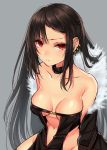  1girl awata_mokane bangs bare_shoulders black_dress breasts brown_hair center_opening choker cleavage closed_mouth collarbone consort_yu_(fate) dress ear_piercing fate/grand_order fate_(series) fur_collar fur_trim grey_background long_hair looking_at_viewer medium_breasts navel off_shoulder piercing red_eyes simple_background solo very_long_hair 