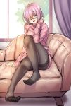  adjusting_hair couch curtains fate/grand_order fate_(series) feet glasses hair_over_one_eye highres lavender_hair legs long_sleeves mash_kyrielight no_shoes pantyhose ribbed_sweater shirokuma_a short_hair sitting soles sweater thighband_pantyhose window 