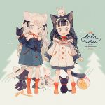  2girls :d :o animal animal_ears animal_on_head ball bangs black_hair black_ribbon blue_dress blunt_bangs cat cat_ears cat_on_head cat_tail commentary_request cover cover_page doujin_cover dress fang full_body grey_eyes hair_ribbon hood_basket long_hair long_sleeves looking_at_viewer multiple_girls neck_ribbon on_head open_mouth original pechika red_legwear red_neckwear red_ribbon ribbon smile socks standing stuffed_animal stuffed_toy swept_bangs tail wavy_hair white_dress white_hair white_ribbon 