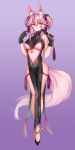  1girl animal_ear_fluff animal_ears bare_shoulders black_gloves breasts center_opening china_dress chinese_clothes choker closed_fan commentary_request dress earrings eyebrows_visible_through_hair fan fate/grand_order fate_(series) folding_fan fox_ears fox_tail full_body glasses gloves gradient gradient_background hair_between_eyes high_heels highres jewelry koyanskaya large_breasts light_smile long_hair looking_at_viewer navel obiwan pelvic_curtain pink_hair purple_background ribbon_choker shiny shiny_skin side_slit sidelocks smile solo standing tail tamamo_(fate)_(all) under_boob very_long_hair yellow_eyes 