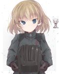  +++ 1girl bangs black_gloves black_hat blonde_hair blue_eyes chibi closed_mouth commentary emblem eyebrows_visible_through_hair fang frown getsumen_suibaku_ver._a(c) girls_und_panzer gloves green_jumpsuit grey_background hat headwear_removed helmet helmet_removed highres holding holding_helmet katyusha laughing long_sleeves looking_at_viewer military military_uniform outside_border pravda_military_uniform short_hair sketch solo standing twitter_username uniform upper_body v-shaped_eyebrows 
