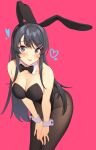  1girl :p absurdres animal_ears bangs black_bow black_hair black_hairband black_legwear black_leotard blush bow bowtie breasts bunnysuit cleavage detached_collar eyebrows_visible_through_hair fake_animal_ears hairband hands_on_own_thighs heart highres icarus_(632247131) large_breasts leaning_forward leotard long_hair looking_at_viewer pantyhose rabbit_ears red_background sakurajima_mai seishun_buta_yarou smile solo strapless strapless_leotard swept_bangs tongue tongue_out violet_eyes wrist_cuffs 