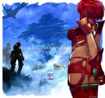  1boy 1girl armor ass bangs earrings fingerless_gloves gloves headpiece pyra_(xenoblade) jewelry nintendo red_eyes red_shorts redhead rex_(xenoblade_2) short_hair shorts shoulder_armor shrimqsleeq sky swept_bangs sword tiara weapon xenoblade_(series) xenoblade_2 