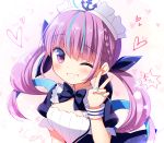  1girl ;) anchor_symbol blue_hair blue_nails bow bowtie braid dated eyebrows_visible_through_hair fang frills grin hair_ribbon heart highres hololive long_hair looking_at_viewer maid maid_headdress minato_aqua multicolored_hair nail_polish one_eye_closed puffy_short_sleeves puffy_sleeves purple_hair ribbon sasai_saji short_sleeves signature smile solo sparkle streaked_hair teeth twintails upper_body v violet_eyes virtual_youtuber wrist_cuffs 
