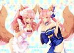  2girls :3 animal_ear_fluff animal_ears apron bell bell_collar blue_kimono blue_legwear blue_ribbon blush breasts cat_hair_ornament cat_paws cleavage collar fangs fate/extra fate/grand_order fate_(series) fox_ears fox_girl fox_shadow_puppet fox_tail gloves hair_ornament hair_ribbon hiiro_yuya japanese_clothes jingle_bell kimono large_breasts long_hair looking_at_viewer maid_headdress multiple_girls naked_apron one_eye_closed open_mouth paw_gloves paws pink_hair ponytail red_ribbon ribbon tail tamamo_(fate)_(all) tamamo_cat_(fate) tamamo_no_mae_(fate) yellow_eyes 