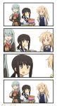  3girls 4koma ahoge aqua_hair azur_lane black_hair blazer blonde_hair brown_hair cardigan chips chopsticks cleveland_(azur_lane) closed_eyes comic crossover eating eyebrows_visible_through_hair food fubuki_(kantai_collection) hair_ornament hairclip highres jacket kantai_collection long_hair low_ponytail misumi_(niku-kyu) multiple_girls one_side_up open_mouth ponytail potato_chips red_eyes sailor_collar school_uniform serafuku shibafu_(glock23)_(style) short_hair short_ponytail sidelocks silent_comic smile snack suzuya_(kantai_collection) twitter_username 