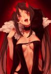  1girl :d absurdres arm_up bangs black_dress blood blood_on_face blood_stain blush breasts brown_hair center_opening choker consort_yu_(fate) cyta_celest dress fate/grand_order fate_(series) fur_collar head_tilt highres horns long_hair looking_at_viewer open_mouth red_background red_eyes sidelocks simple_background smile solo teeth upper_body wide_sleeves 