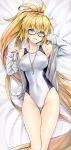  1girl adjusting_eyewear ass_visible_through_thighs bangs bare_shoulders bed_sheet black-framed_eyewear blonde_hair blue_eyes blush breasts collarbone commentary_request competition_swimsuit covered_navel dakimakura eyebrows_visible_through_hair fate/grand_order fate_(series) fingernails glasses highres jacket jeanne_d&#039;arc_(fate)_(all) jeanne_d&#039;arc_(swimsuit_archer) kotatsu_(kotatsu358) long_hair long_sleeves looking_at_viewer lying medium_breasts on_back one-piece_swimsuit open_clothes open_jacket open_mouth ponytail shiny shiny_hair sleeves_past_wrists smile sweat sweatdrop swimsuit very_long_hair whistle whistle_around_neck 