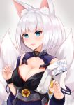  1girl :d animal_ear_fluff animal_ears azur_lane bangs bare_shoulders blue_eyes blue_skirt blush breasts cleavage cleavage_cutout collarbone commentary_request eyebrows_visible_through_hair fang fox_ears fox_tail hands_up highres japanese_clothes kaga_(azur_lane) kitsune large_breasts long_sleeves looking_at_viewer multiple_tails off_shoulder open_mouth ryara_vivi shirt short_hair simple_background skirt sleeveless sleeveless_shirt smile solo tail upper_body white_background white_hair wide_sleeves wristband 