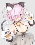  1girl animal_ears bell bell_choker breasts cat_ears cat_paws choker claws cleavage commentary_request curcumin eyebrows_visible_through_hair eyes_visible_through_hair fake_animal_ears fang fate/grand_order fate_(series) frilled_choker frills grey_background highres jingle_bell large_breasts looking_at_viewer mash_kyrielight open_mouth paws pink_hair short_hair simple_background solo translated violet_eyes 