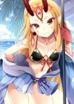  1girl bare_shoulders bikini black_bikini blonde_hair blue_kimono blue_sky brown_eyes closed_mouth clouds collarbone commentary_request day facial_mark fate/grand_order fate_(series) flower_knot forehead_mark front-tie_bikini front-tie_top hand_on_hip hand_up head_tilt horizon horns ibaraki_douji_(fate/grand_order) ibaraki_douji_(swimsuit_lancer)_(fate) japanese_clothes kimono leaning_forward long_hair long_sleeves maccha ocean off_shoulder oni oni_horns outdoors pointy_ears short_kimono sky smile solo sparkle swimsuit very_long_hair water wide_sleeves 