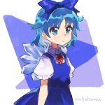  1girl artist_name blue_bow blue_dress blue_eyes blue_hair bow cirno commentary_request dress ice ice_wings looking_away mogamiya_honu neck_ribbon ribbon short_hair solo touhou upper_body white_background wings 