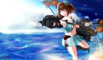  1girl artist_name black_gloves blue_eyes blue_sky breasts brown_hair gloves groin hair_ornament highres kantai_collection maya_(kantai_collection) medium_breasts midriff navel ocean outstretched_arms rigging sea_spray sky standing standing_on_one_leg tegar32 turret water 