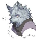  1boy ?? closed_mouth cropped_torso earrings fang fate/grand_order fate_(series) furrification furry hair_over_one_eye highres irorigumi jewelry kadoc_zemlupus looking_at_viewer simple_background sketch sweatdrop white_background wolf_boy yellow_eyes 