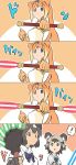  ! 3girls 4koma african_wild_dog_(kemono_friends) african_wild_dog_print animal_ears bear_ears bear_paw_hammer black_eyes black_hair bow bowtie brown_bear_(kemono_friends) circlet closed_mouth comic dog_ears energy_sword expressionless globes golden_snub-nosed_monkey_(kemono_friends) grey_hair highres holding holding_weapon hong_hongcha kemono_friends lightsaber long_hair medium_hair monkey_ears multicolored_hair multiple_girls open_mouth orange_hair parody shirt silent_comic sound_effects star_wars surprised sword two-tone_hair weapon 