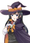  1girl animal_ears artist_name asashio_(kantai_collection) belt black_dress black_hair blue_eyes buttons cape cat_ears commentary_request dated dress eyebrows_visible_through_hair gloves halloween halloween_costume hand_on_own_chest hat highres kantai_collection long_hair long_sleeves looking_at_viewer neck_ribbon open_mouth orange_ribbon owa_(ishtail) pinafore_dress purple_cape purple_hat remodel_(kantai_collection) ribbon searchlight shirt solo white_gloves white_shirt witch witch_hat 