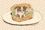  animal_focus black_eyes bread dog food looking_at_viewer mojacookie no_humans original oversized_food plate sandwich sandwiched standing striped striped_background twitter_username vegetable 