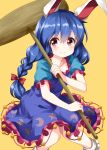  1girl animal_ears bangs blue_dress blue_hair blush bobby_socks bow breasts collarbone commentary_request crescent_print dress eyebrows_visible_through_hair feet_out_of_frame frills hair_between_eyes hair_bow highres holding holding_mallet kine long_braid long_hair looking_at_viewer mallet petticoat pink_eyes puffy_short_sleeves puffy_sleeves rabbit_ears red_bow ruu_(tksymkw) seiran_(touhou) short_sleeves simple_background small_breasts smile socks solo star star_print touhou white_legwear yellow_background 