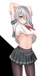  1girl alternate_hair_ornament alternate_hairstyle arms_behind_head arms_up blue_eyes blush breasts grey_skirt hair_ornament hairclip hamakaze_(kantai_collection) highres kantai_collection large_breasts midriff mukatsukulsp nail_polish navel pantyhose pink_nails school_uniform serafuku shirt_lift short_sleeves silver_hair simple_background skirt solo standing under_boob upper_body white_background 