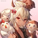  1girl animal bird blush chicken chinese_zodiac commentary_request dark_skin dog feathered_wings flying_sweatdrops fur granblue_fantasy hair_ornament horns monkey narusegawa_riko open_mouth red_eyes sheep sheep_horns twitter_username white_hair wings zooey_(granblue_fantasy) 