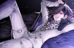  1boy bed_sheet black_hat checkered dangan_ronpa grin hat jacket looking_at_viewer lying male_focus new_dangan_ronpa_v3 on_back ouma_kokichi pants peaked_cap purple_hair smile solo twitter_username violet_eyes white_jacket white_pants z-epto_(chat-noir86) 