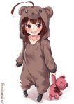  1girl :3 ahoge animal_costume animal_ears arms_at_sides bangs bear_costume bear_ears brown_eyes brown_hair collarbone cosplay ebifurya eyebrows_visible_through_hair from_above full_body hair_through_headwear highres kantai_collection kuma_(kantai_collection) long_hair open_mouth sidelocks sleeves_past_wrists stuffed_animal stuffed_toy teddy_bear twitter_username 