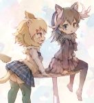  2girls animal_ears antlers aqua_eyes arm_support ass bangs black_hair black_legwear black_skirt blonde_hair blush breasts commentary contemporary dress_shirt eyebrows_visible_through_hair eyelashes fang fur_collar hair_ornament hair_tie hairclip highres kemono_friends kolshica leaning_on_table lion_(kemono_friends) lion_ears lion_tail long_sleeves looking_at_another looking_back moose_(kemono_friends) moose_ears mouse_tail multicolored multicolored_background multicolored_hair multiple_girls on_table open_mouth pantyhose plaid plaid_skirt pleated_skirt round_table school_uniform shirt shoes_removed sitting sitting_on_table skirt small_breasts standing sweater sweater_vest table tail thigh-highs white_hair white_shirt yellow_eyes zettai_ryouiki 