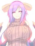  1girl breasts brown_sweater demon_girl demon_horns demon_wings eyebrows_visible_through_hair hairband half-closed_eyes highres horns huge_breasts looking_at_viewer low_wings meme_attire original parted_lips purple_hair ribbed_sweater seductive_smile shiki_(psychedelic_g2) simple_background smile solo succubus sweater virgin_killer_sweater white_background wings 