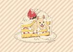  animal_focus black_eyes cake dog food fruit in_food layer_cake looking_at_viewer mojacookie no_humans open_mouth original oversized_food pastry slice_of_cake smile strawberry strawberry_shortcake striped striped_background twitter_username whipped_cream 