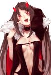  1girl :d absurdres arm_up bangs black_dress blood blood_on_face blood_stain blush breasts brown_hair center_opening choker consort_yu_(fate) cyta_celest dress fate/grand_order fate_(series) fur_collar head_tilt highres horns long_hair looking_at_viewer navel open_mouth red_eyes sidelocks simple_background smile solo teeth upper_body white_background wide_sleeves 