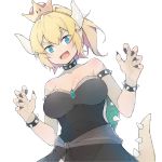  1girl armlet bangs bare_shoulders black_collar black_dress black_nails blonde_hair blue_eyes bowsette bracelet breasts brooch claw_pose cleavage collar collarbone commentary crown dress english_commentary eyebrows_visible_through_hair fang fingernails hands_up highres horns jewelry large_breasts long_hair super_mario_bros. mzrz nail_polish new_super_mario_bros._u_deluxe nintendo ponytail princess sapphire_(stone) sidelocks skindentation solo spiked_armlet spiked_bracelet spiked_collar spiked_shell spiked_tail spikes standing strapless super_crown tail 