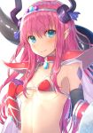 1girl bangs bikini black_sleeves blue_eyes blush breasts choker detached_sleeves elizabeth_bathory_(brave)_(fate) elizabeth_bathory_(fate)_(all) eyebrows_visible_through_hair fate/grand_order fate_(series) gloves hair_between_eyes hairband hakuishi_aoi horns long_hair long_sleeves looking_at_viewer pink_hair pointy_ears red_bikini shiny shiny_hair shoulder_armor sideboob simple_background small_breasts smile solo spaulders swimsuit tail under_boob upper_body very_long_hair white_background
