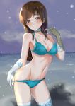  1girl absurdres aqua_bikini bikini blue_sky breasts breath brown_eyes brown_hair cleavage clouds collarbone contrapposto gloves highres idolmaster idolmaster_cinderella_girls koi0806 long_hair looking_at_viewer medium_breasts navel nitta_minami outdoors sky snow solo standing swimsuit thigh-highs white_gloves white_legwear 