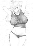  1girl absurdres arms_behind_head bangs bed_sheet breasts commentary crop_top english_commentary facing_viewer glasses greyscale highres large_breasts long_hair lying monochrome navel norman_maggot on_back original panties parted_lips shirt smile t-shirt underwear 