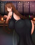  1girl ahoge backless_dress backless_outfit bar bare_shoulders bent_over black_dress breasts brown_hair covered_nipples curvy dress from_behind green_eyes hanging_breasts highres huge_ahoge huge_breasts light_smile liquor long_hair looking_at_viewer looking_back original raised_eyebrows saruton solo wide_hips 