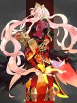  1girl absurdres dark_skin feather_trim fire fire_emblem fire_emblem_heroes flame from_behind full_body gauntlets hair_ornament highres laevateinn_(fire_emblem_heroes) long_hair nintendo nonomori_(anst_nono) pink_hair solo standing twintails 