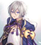  .com_(cu_105) 1boy blue_eyes fate/grand_order fate_(series) gao_changgong_(fate) hair_between_eyes hand_on_own_chest looking_at_viewer male_focus open_mouth short_hair silver_hair smile solo white_background 