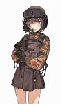  1girl absurdres belt camouflage commentary_request gloves goggles goggles_on_headwear headset helmet highres load_bearing_vest military original partial_commentary pleated_skirt seallllion short_hair skirt solo white_background 