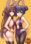  2girls :o ahoge animal_ear_fluff animal_ears ass azur_lane backless_outfit bangle bangs bare_shoulders blush bracelet braid breasts brown_flower brown_hair brown_legwear bunny_girl bunny_tail bunnysuit cleavage commentary covered_navel double_bun eyebrows_visible_through_hair fang fingernails flower hair_between_eyes hair_flower hair_ornament hairband highres jewelry kemonomimi_mode kuronekozero leotard long_hair looking_at_viewer medium_breasts multiple_girls ning_hai_(azur_lane) open_mouth pantyhose parted_lips ping_hai_(azur_lane) purple_hair purple_leotard rabbit_ears red_eyes red_leotard side_bun single_braid small_breasts tail thigh-highs very_long_hair white_hairband 