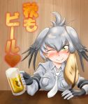  1girl alcohol bangs beer beer_mug between_breasts blonde_hair blush bodystocking breast_pocket breasts closed_mouth collared_shirt cup elbows_on_table fingerless_gloves gloves grey_hair grey_shirt hair_between_eyes hair_wings hand_on_table heart highres holding holding_cup izumi_nao japari_symbol kemono_friends large_breasts looking_at_viewer medium_hair multicolored_hair necktie necktie_between_breasts one_eye_closed pocket shirt shoebill_(kemono_friends) short_sleeves side_ponytail smile solo table upper_body white_neckwear winged_collar wooden_table wooden_wall yellow_eyes 