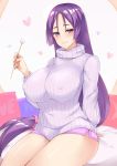  1girl arm_behind_back breasts erect_nipples fate/grand_order fate_(series) heart highres huge_breasts kuavera light_smile long_hair looking_at_viewer mimikaki minamoto_no_raikou_(fate/grand_order) purple_hair ribbed_sweater sitting solo sweater thighs very_long_hair violet_eyes yes-no_pillow 