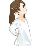  1girl breasts bright_pupils brown_eyes brown_hair clothing_request co_botan commentary_request dot_nose eyebrows_visible_through_hair grin head_tilt highres kantai_collection light_blush long_sleeves looking_at_viewer medium_hair ryuujou_(kantai_collection) short_twintails sketch_eyebrows small_breasts smile solo twintails upper_body 