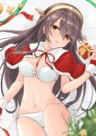  1girl alternate_costume bikini black_hair blush box breasts brown_eyes christmas christmas_tree gensoukitan gift gift_box hair_ornament hairclip haruna_(kantai_collection) headgear highres kantai_collection long_hair lying medium_breasts on_back open_mouth santa_costume solo star swimsuit white_bikini 