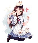  1girl ;) animal animal_on_head animal_on_lap apron bang_dream! bangs black_neckwear blue_dress bow brown_footwear brown_hair bunny_on_head bunny_on_shoulder clenched_hand commentary_request dew_(dltmf2266) dress frilled_apron frilled_dress frills green_eyes hair_bow hair_ornament hair_ribbon hairband hanazono_tae hand_up heart long_hair navy_blue_legwear neck_ribbon on_head one_eye_closed pantyhose petting rabbit ribbon shoes sitting smile solo sparkle striped vertical-striped_dress vertical_stripes vial white_apron wrist_cuffs x_hair_ornament yellow_ribbon 