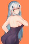  1girl back backless_dress backless_outfit bangs bare_arms bare_shoulders blush closed_mouth commentary dress eyebrows_visible_through_hair girls_frontline green_eyes hair_ornament hk416_(girls_frontline) inniyik long_hair looking_at_viewer looking_back orange_background purple_dress shoulder_blades silver_hair simple_background solo strapless strapless_dress very_long_hair 