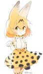  1girl animal_ears bare_shoulders bow bowtie colorized commentary cowboy_shot elbow_gloves gloves hair_between_eyes hand_up high-waist_skirt highres kemono_friends looking_at_viewer medium_hair orange_hair panzuban paw_pose print_gloves print_legwear print_neckwear print_skirt serval_(kemono_friends) serval_ears serval_print serval_tail shirt simple_background sketch skirt sleeveless sleeveless_shirt smile solo tail thigh-highs twitter_username white_background white_shirt yellow_eyes 