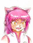  1girl animal_ears beyblade blush cat_ears emily_clark fangs open_mouth pink_hair revision shiny shiny_hair shirt simple_background sleeveless sleeveless_shirt slit_pupils solo teeth traditional_media watercolor_(medium) white_background white_shirt yellow_eyes 