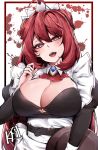  1girl absurdres belt blood blood_splatter breasts chickenvomit cleavage commentary_request highres king&#039;s_raid large_breasts long_hair looking_at_viewer maid open_mouth red_eyes redhead solo victorian_maid white_background 
